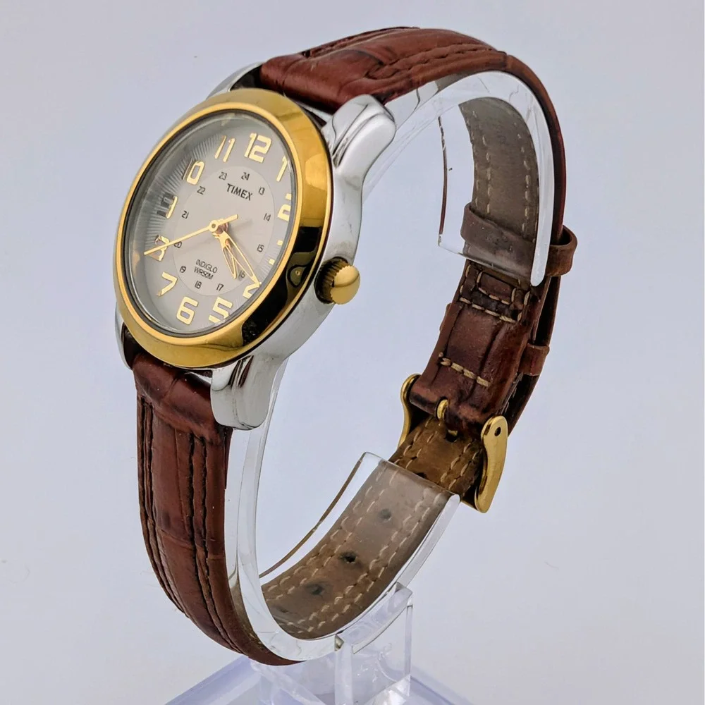 Timex Indiglo Two-Tone Women's Watch Radial Textured Dial Brown Leather 28mm
